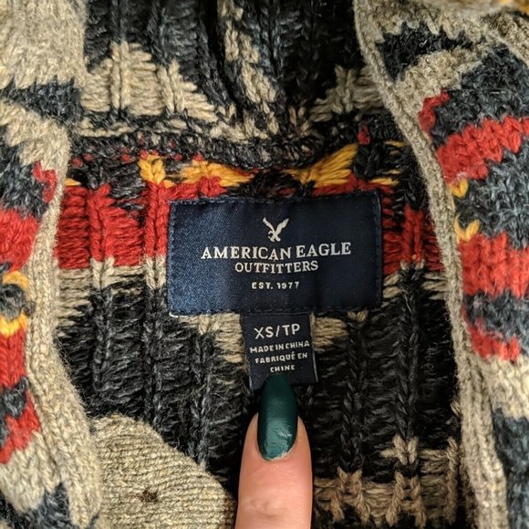 American Eagle Heavy knit Hooded Sweater Hoodie XS Men's Women's Grey Aztec - Picture 7 of 14